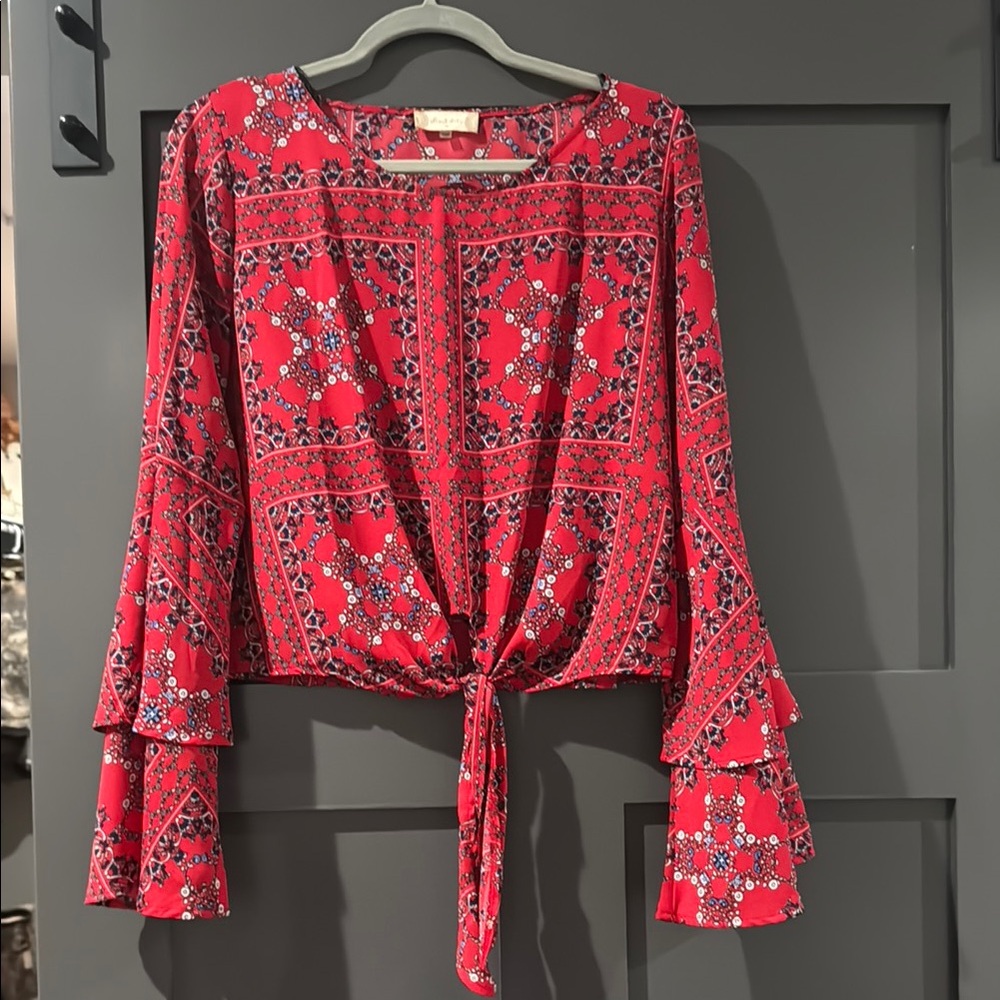 Altar'd State Red Bell Sleeve Tie Front Blouse